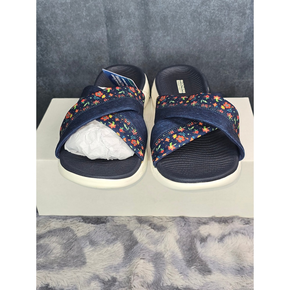 Skechers On the Go GoWalk Sandals Navy Blue Floral Print Slides Womens Size 10 - Picture 2 of 7